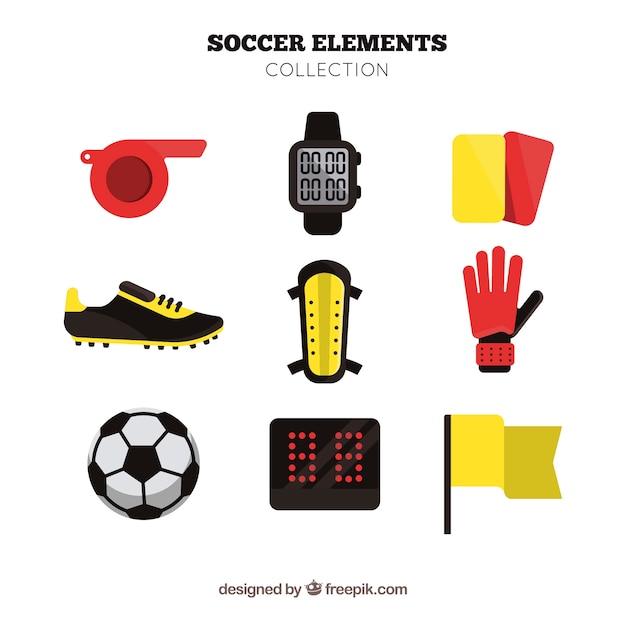 Colección de elementos de fútbol con equipamiento