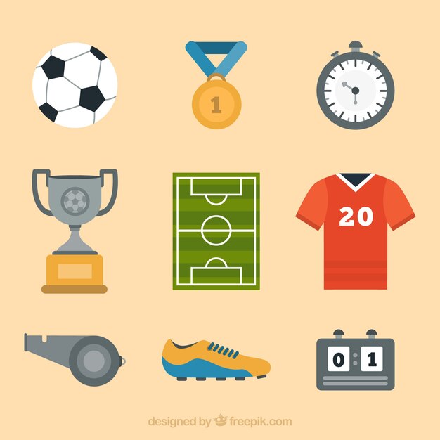 Colección de elementos de fútbol con equipamiento 