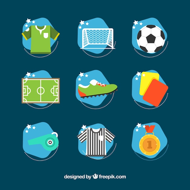 Vector gratuito colección de elementos de fútbol con equipamiento