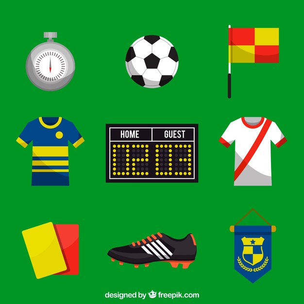 Colección de elementos de fútbol con equipamiento 