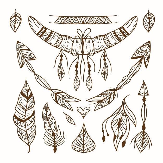 Colección de elementos grabados dibujados a mano boho