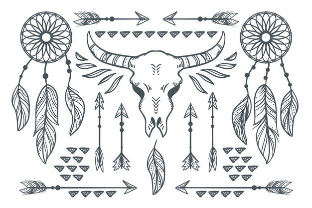 Colección de elementos grabados dibujados a mano boho