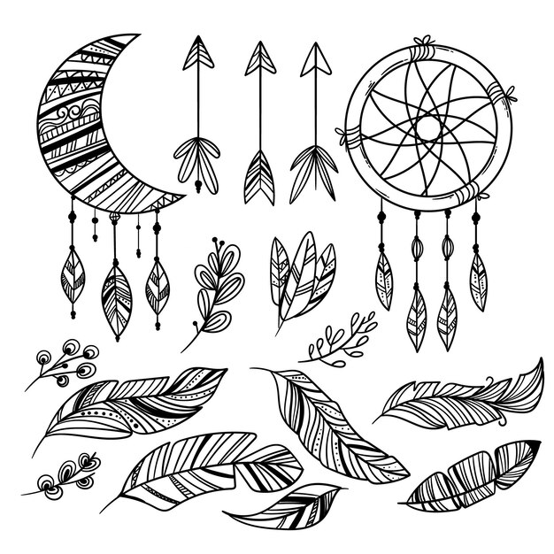 Colección de elementos grabados dibujados a mano boho