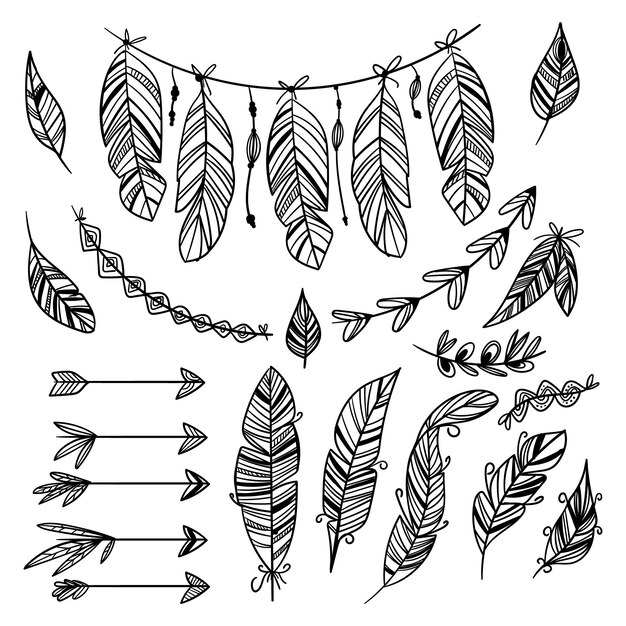 Colección de elementos grabados dibujados a mano boho