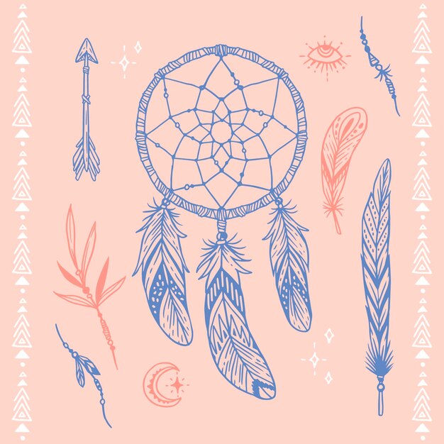 Colección de elementos grabados dibujados a mano boho
