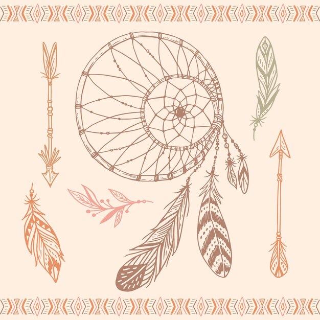 Colección de elementos grabados dibujados a mano boho