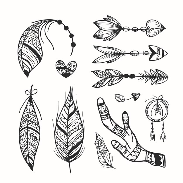Colección de elementos grabados dibujados a mano boho
