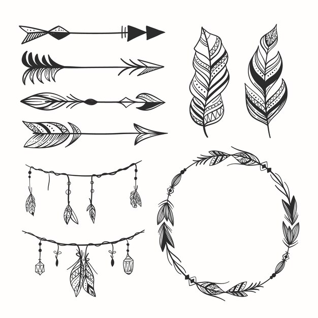 Colección de elementos grabados dibujados a mano boho
