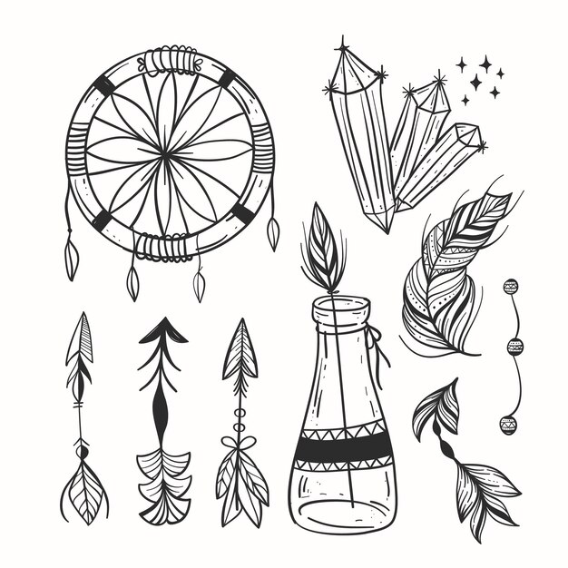 Colección de elementos grabados dibujados a mano boho