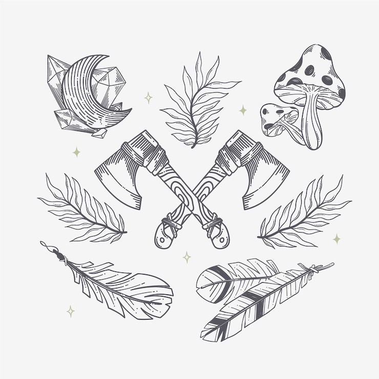 Vector gratuito colección de elementos grabados dibujados a mano boho