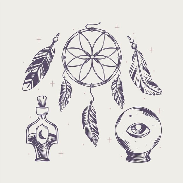 Colección de elementos grabados dibujados a mano boho
