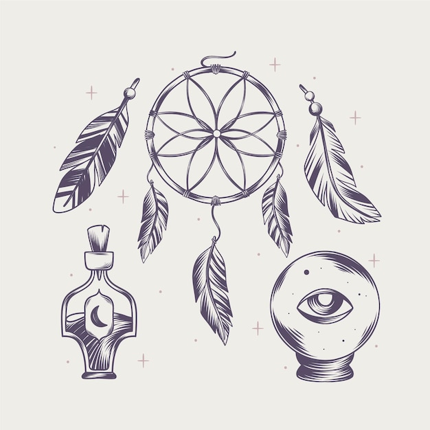 Colección de elementos grabados dibujados a mano boho