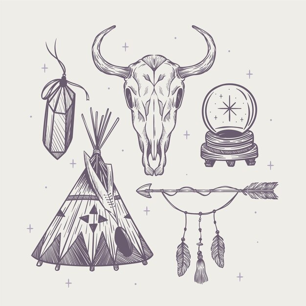 Colección de elementos grabados dibujados a mano boho