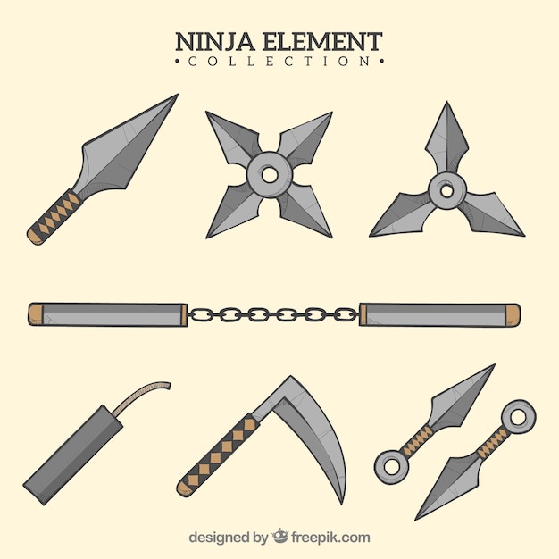 Colección de elementos de guerrero ninja dibujados a mano