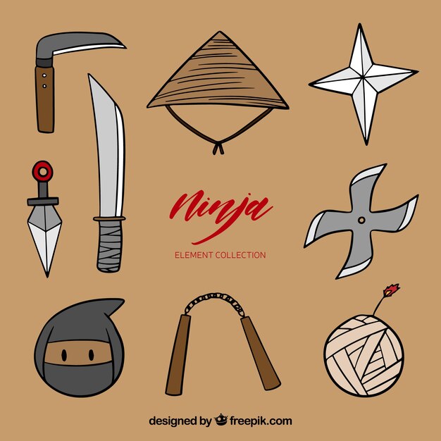 Colección de elementos de guerrero ninja dibujados a mano