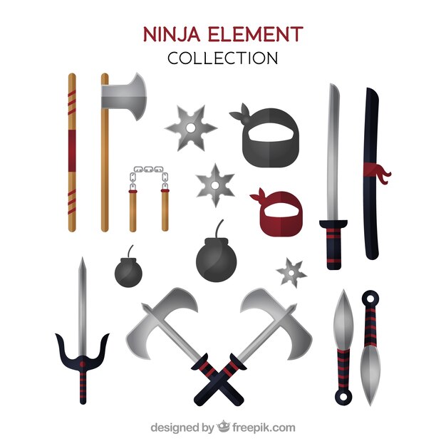 Colección de elementos de guerrero ninja con diseño plano
