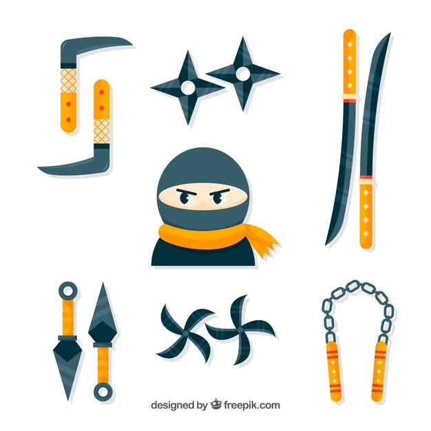 Colección de elementos de guerrero ninja con diseño plano