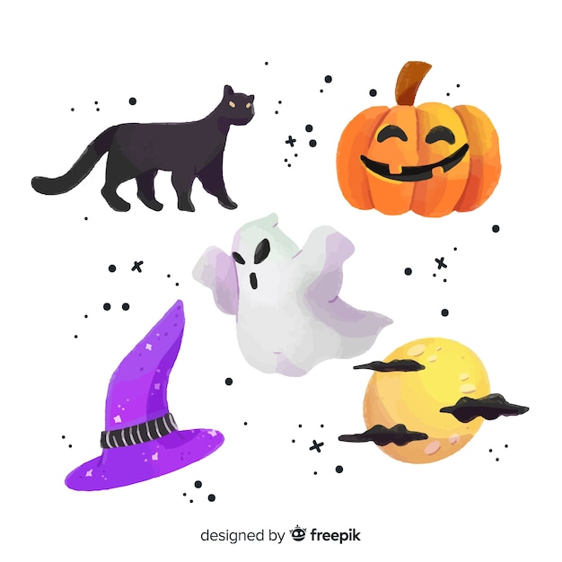 Vector gratuito colección de elementos de halloween acuarela sobre fondo blanco