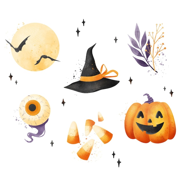 Colección de elementos de halloween en acuarela