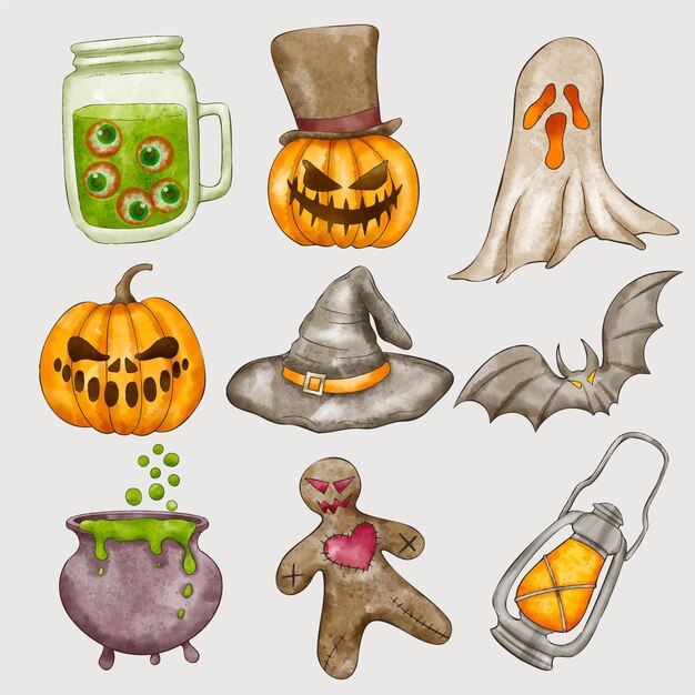 Colección de elementos de halloween en acuarela
