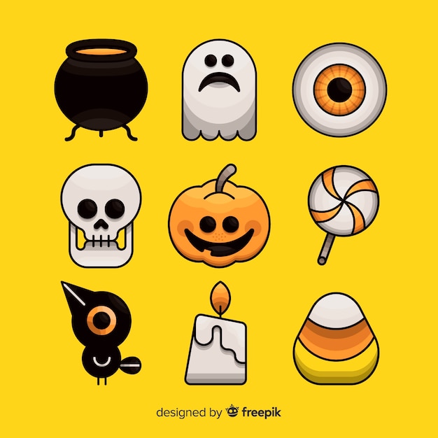 Colección de elementos de halloween dibujados a mano sobre fondo amarillo