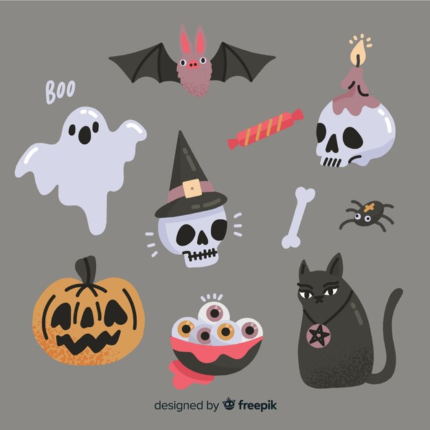 Colección de elementos de halloween dibujados a mano sobre fondo gris