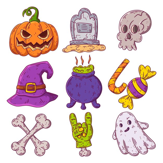 Colección de elementos de halloween dibujados a mano