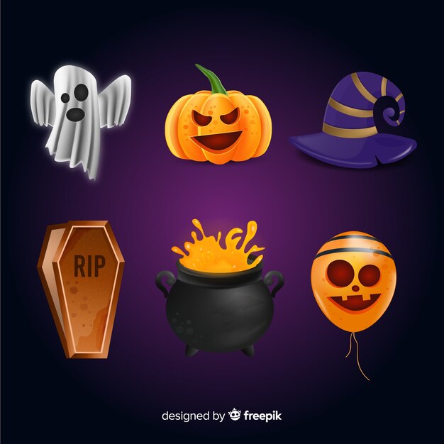 Colección de elementos de halloween de dibujos animados realistas