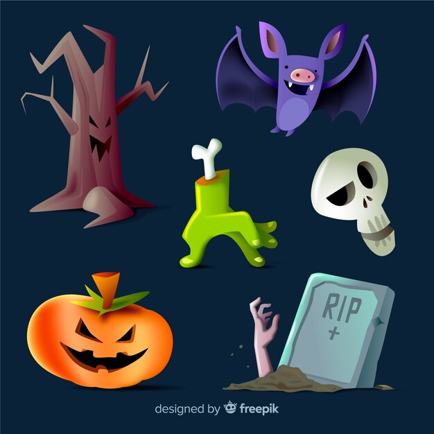 Colección de elementos de halloween de dibujos animados realistas