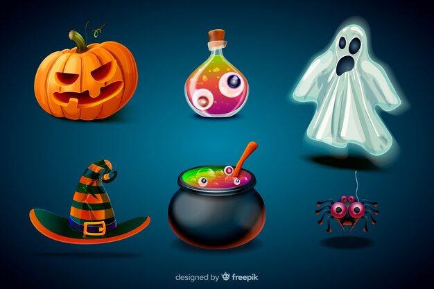 Colección de elementos de halloween de dibujos animados realistas