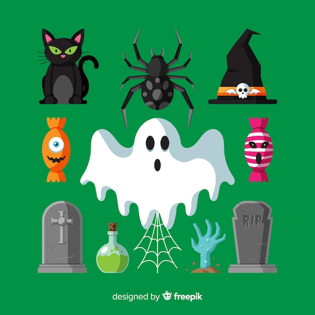 Colección de elementos de halloween en diseño plano