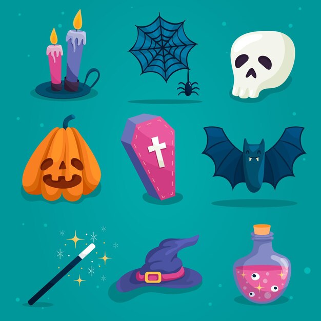 Colección de elementos de halloween de diseño plano