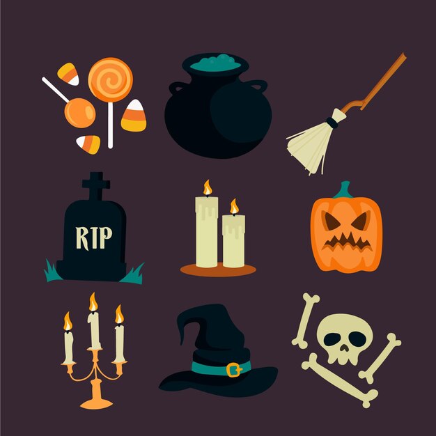 Colección de elementos de halloween de diseño plano
