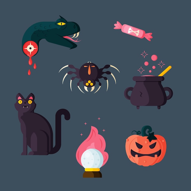 Colección de elementos de halloween de diseño plano