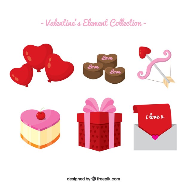 Colección de elementos hechos a mano del día de san valentín plano