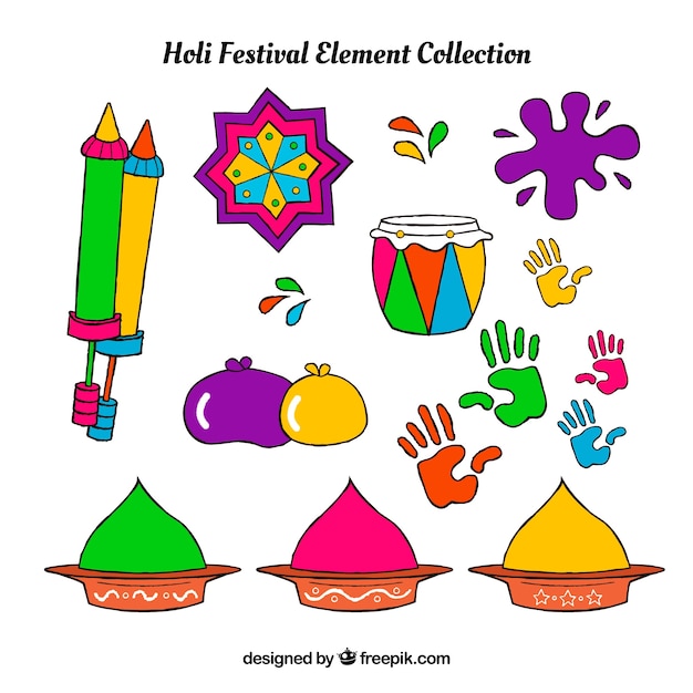 Colección de elementos hechos a mano de festival holi
