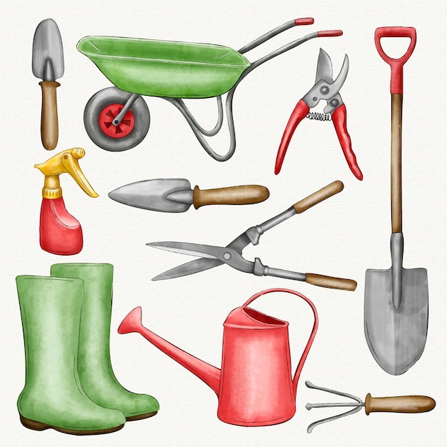 Vector gratuito colección de elementos y herramientas de jardinería.