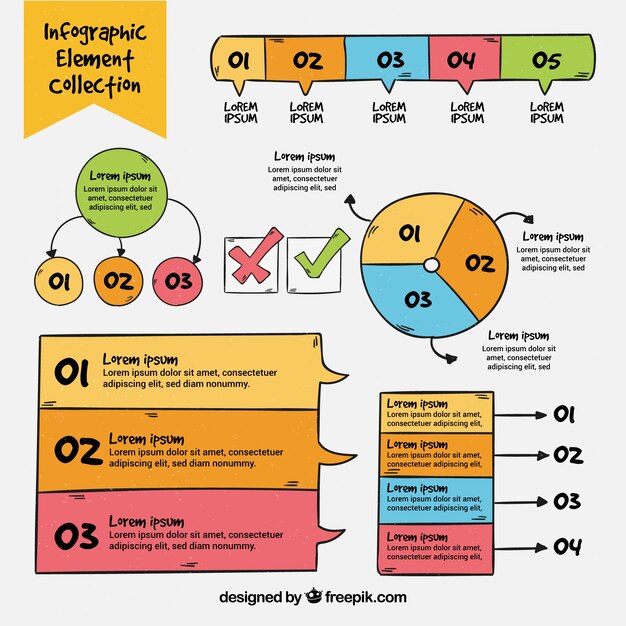 Colección de elementos de infografía coloridos en estilo hecho a mano
