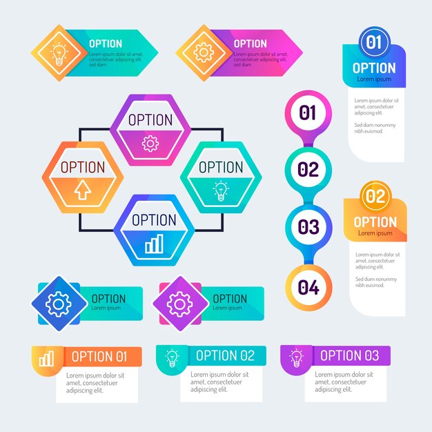 Colección de elementos infográficos en gradiente