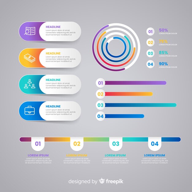 Colección de elementos infográficos en gradiente