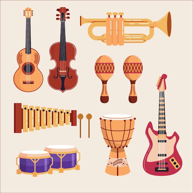 Colección de elementos de instrumentos musicales.