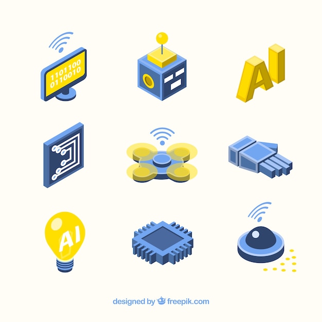 Colección de elementos de inteligencia artificial en estilo isométrico
