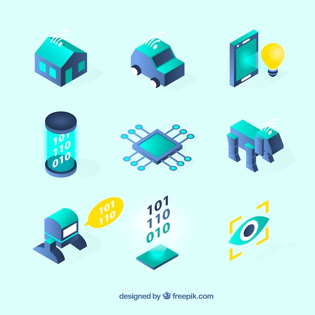 Colección de elementos de inteligencia artificial en estilo isométrico