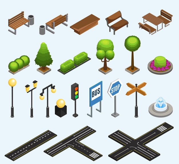 Colección de elementos isométricos de la ciudad con bancos, contenedores de basura, plantas, postes, linternas, semáforo, fuente, señales de tráfico, aisladas