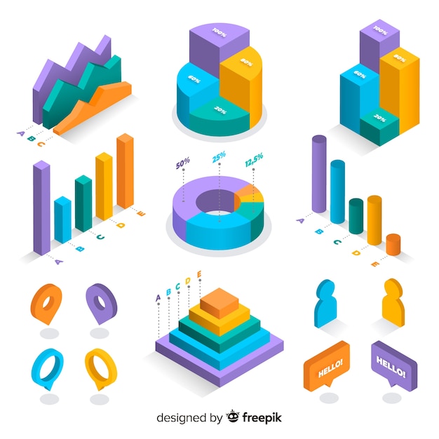 Colección elementos isométricos coloridos infografía