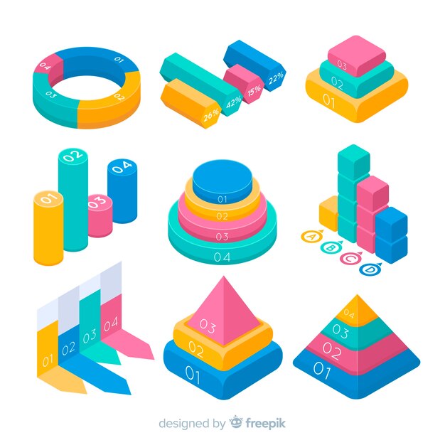 Colección elementos isométricos coloridos infografía