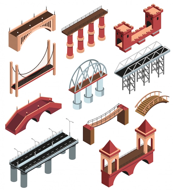 Vector gratuito la colección de elementos isométricos de detalles de puentes con construcciones metálicas modernas viaductos de piedra de madera antigua abarca ilustración de vector aislado