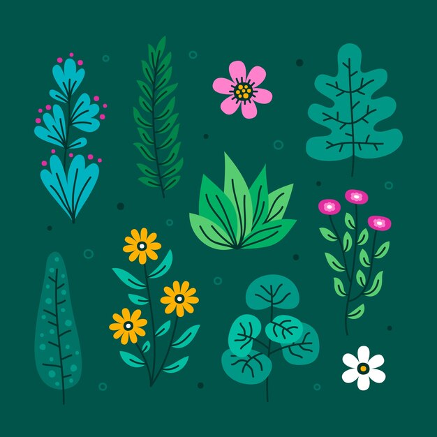 Colección de elementos de jardín botánico de diseño plano