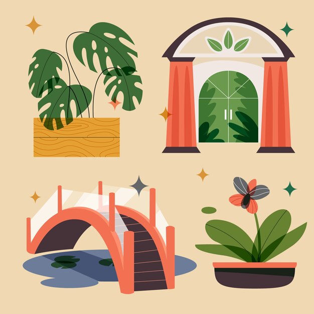 Colección de elementos del jardín botánico.