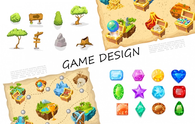 Colección de elementos del juego de dibujos animados con árboles letreros piedras arbustos cofres del tesoro volcán naturaleza islas cráneo diseño de nivel arma coloridas piedras preciosas